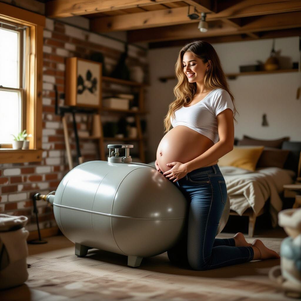 Woman Inflates Belly with Air Tank in Basement