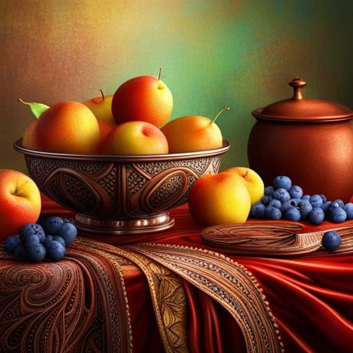 Copper Bowl with Fruit on Paisley Tablecloth