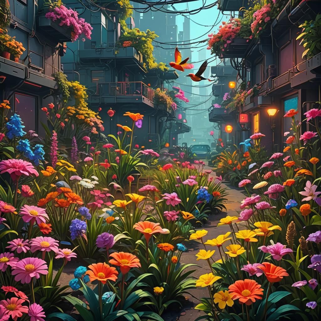 Cyberpunk Garden with Neon Birds