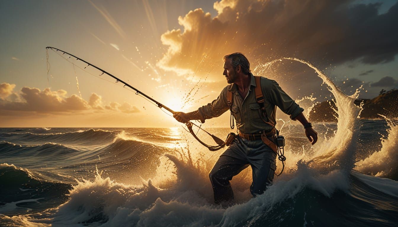 Fisherman Battles Marlin in Golden Hour Light