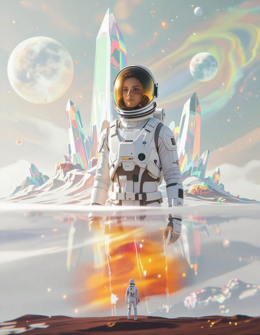 Astronaut Gazes at Alien Crystal Structure Under Multi-Color...