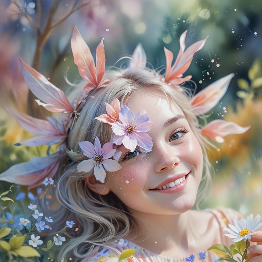 Whimsical Watercolor Portrait of a Young Flower Girl