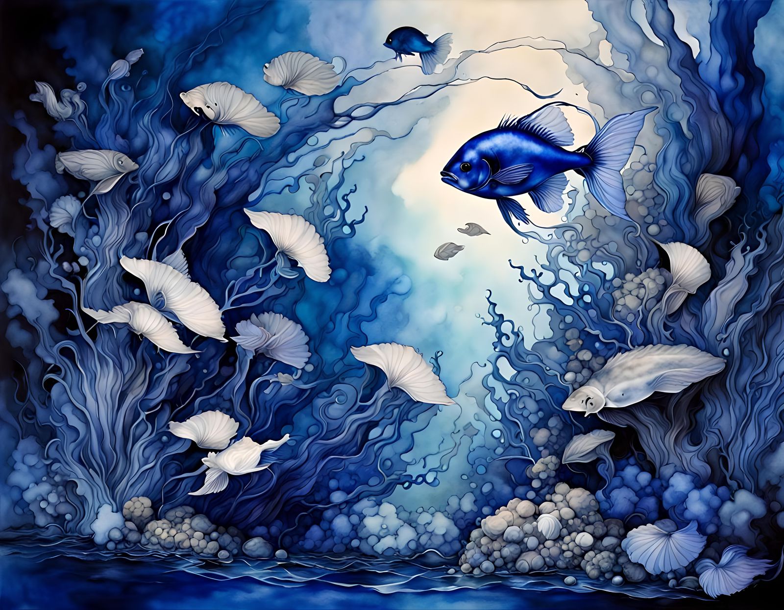 A beautiful underwater scene, palette shades of blue