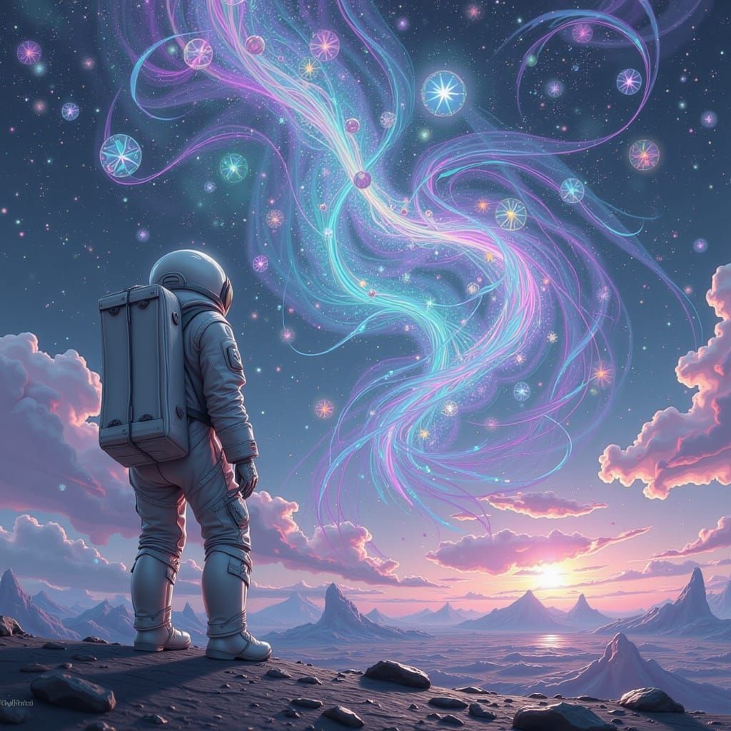 Astronaut Contemplates Iridescent Portals in Alien Sky