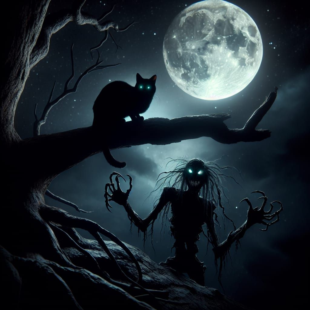 Eerie Night: Cat and Nightmare in Moonlight