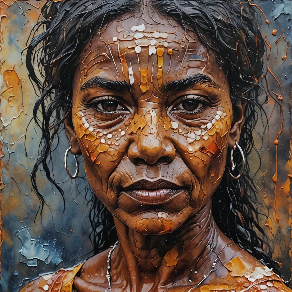 Australian Aboriginal Woman in Encaustic Impasto Painting