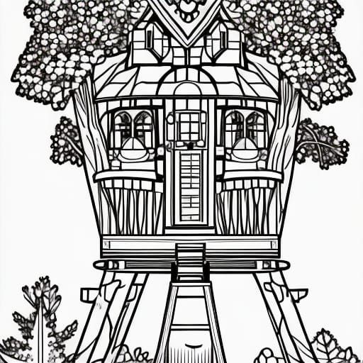 Cute Treehouse Coloring Page in Vector Art