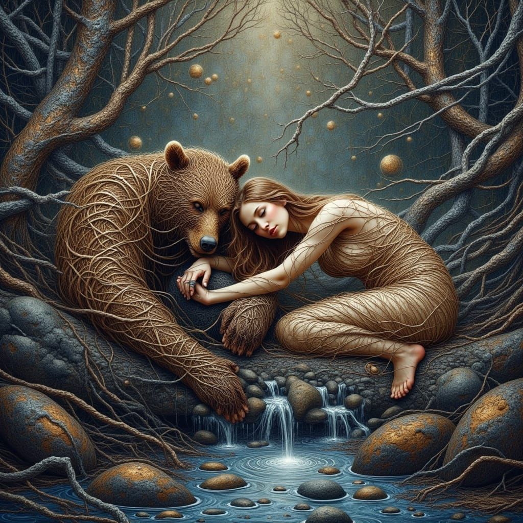 Woman and Bear in Dreamy Forest by River