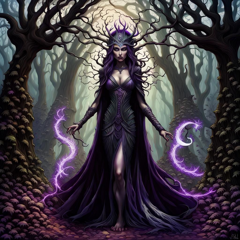 Onyx-Skinned Dark Fae Goddess in Mystical Forest