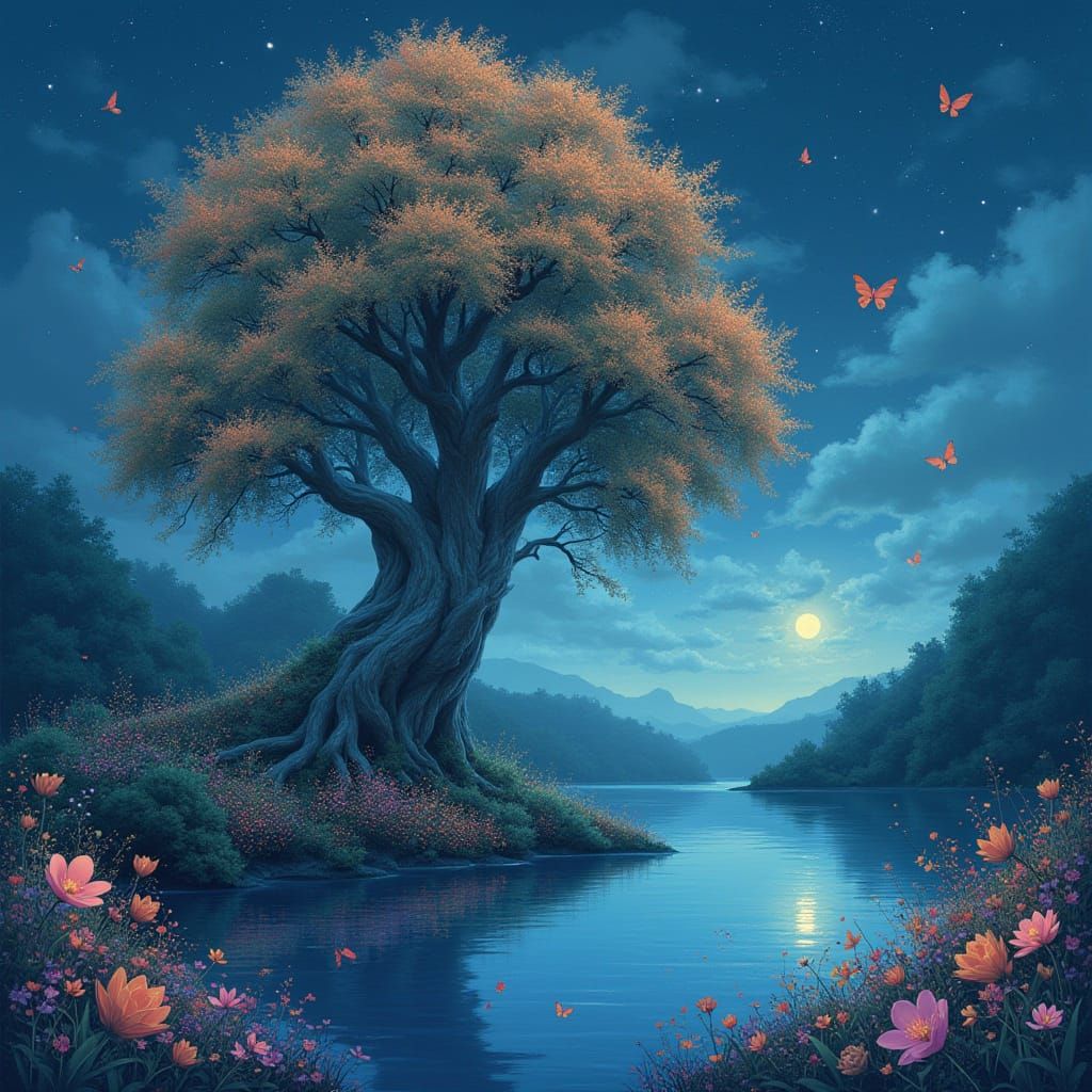 Bioluminescent Fractal Tree by Lake: Studio Ghibli Style