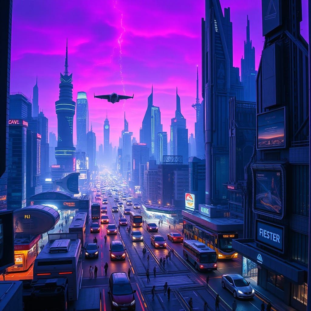 Electric Purple Cityscape at Night as 3D Render