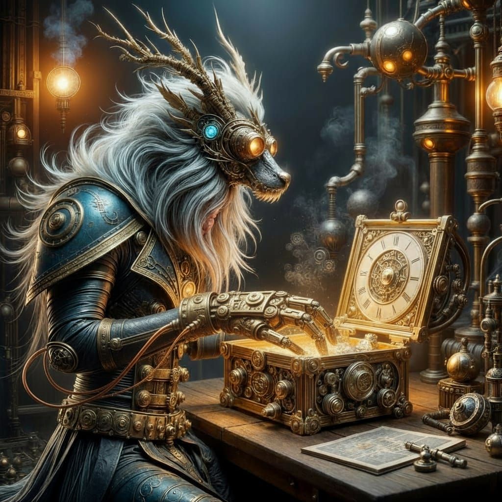 Steampunk Dragon Wizard Tinkering in Workshop