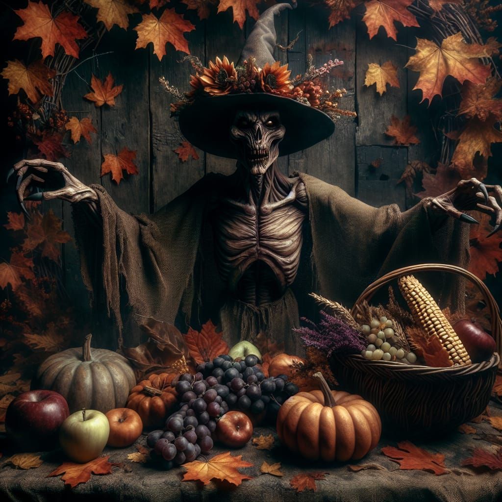 Creepy Samhain Figure in Witchcore Autumn Scene
