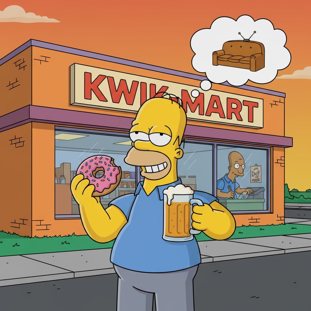 Homer Simpson at Kwik-E-Mart with Donut and Beer