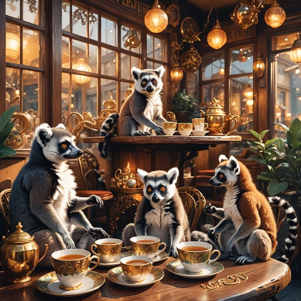 Lemurs' Cozy Cafe: Whimsical Fantasy Concept Art