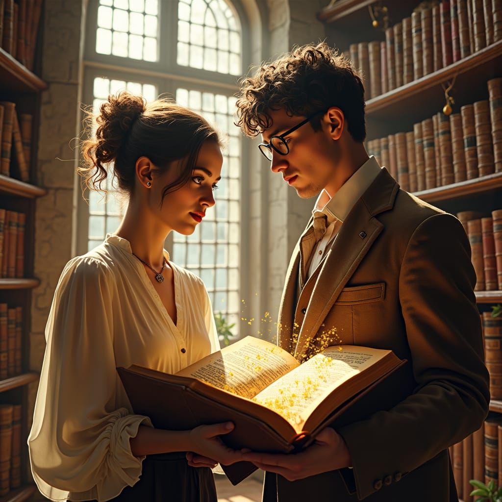 Cozy Library Scene with Couple Examining Ancient Book