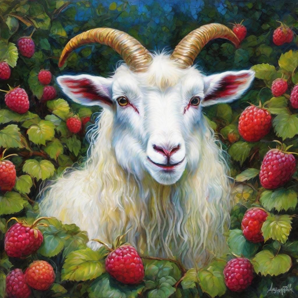 Chibi Goat Kid Among Raspberry Bushes as Digital Art
