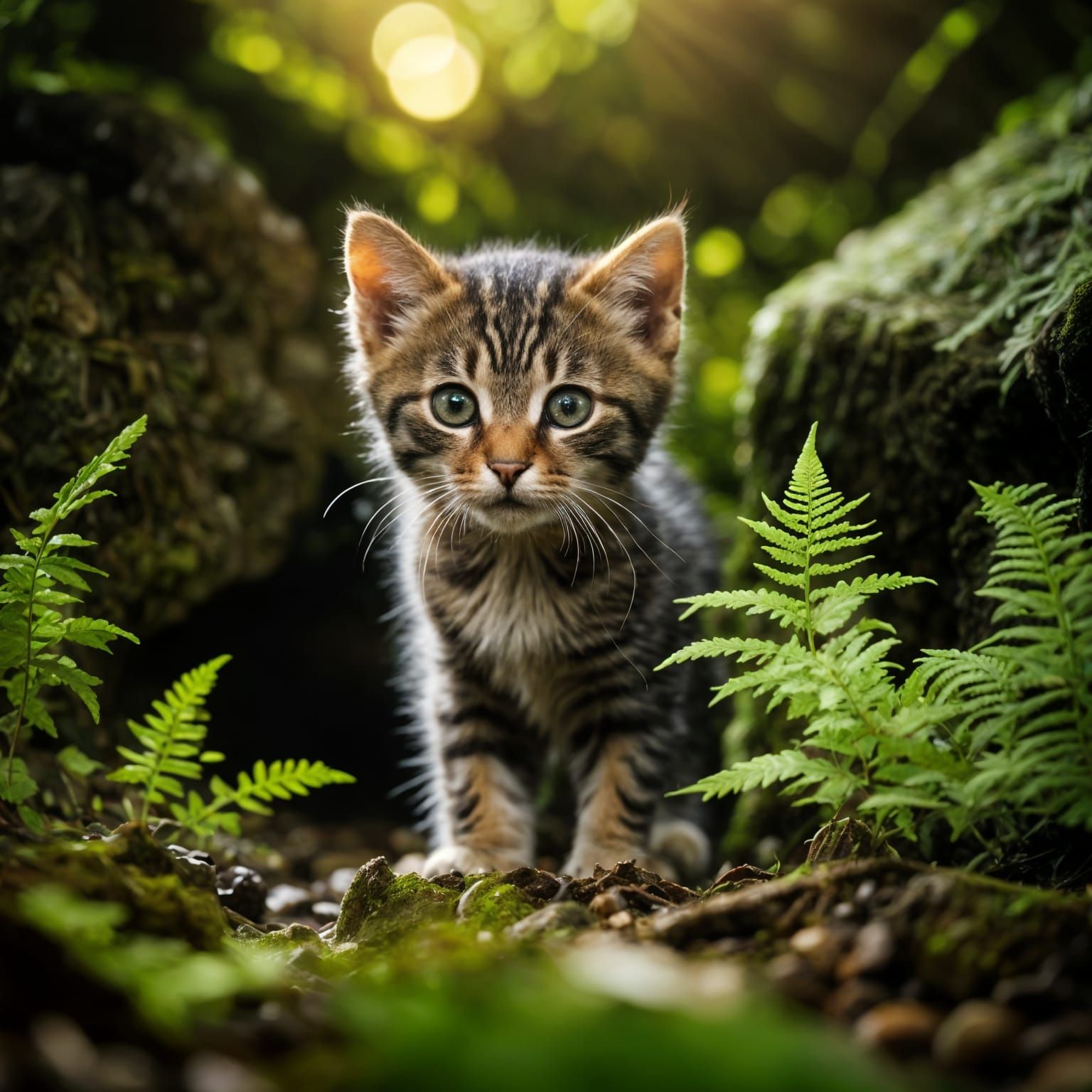 Expressive Tabby Kitten in Forest Light