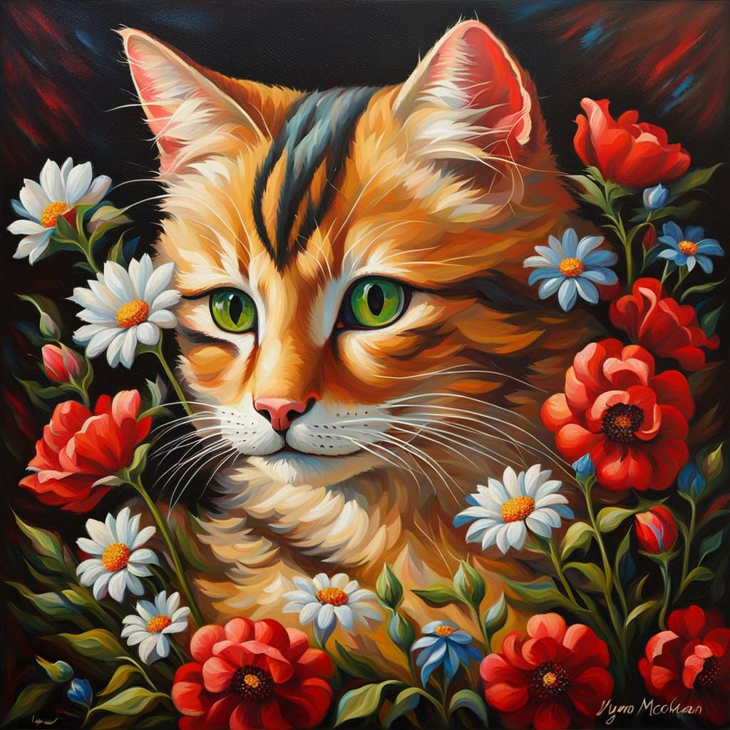 Mother Cat and Kitten Painting in Oil