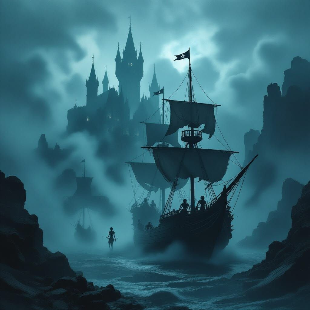 Gothic Castle Fog with Spectral Pirate Skeletons Ghost Ship
