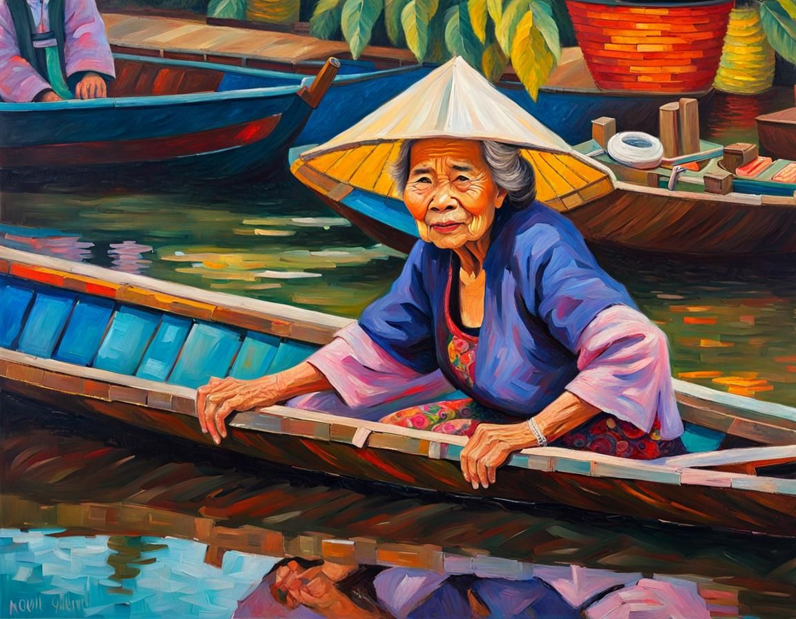 Thai Floating Market: Expressionist Oil Painting