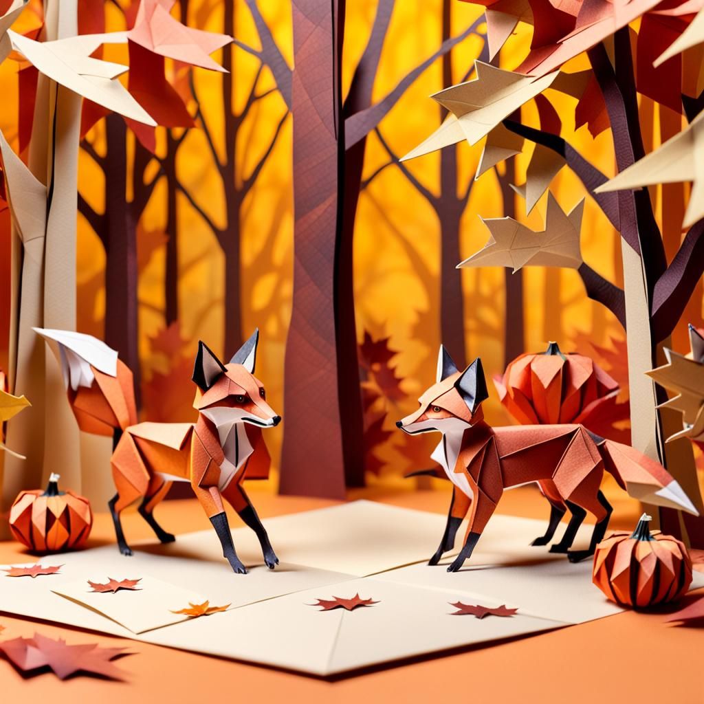 Playful Foxes in Autumnal Origami Papercraft