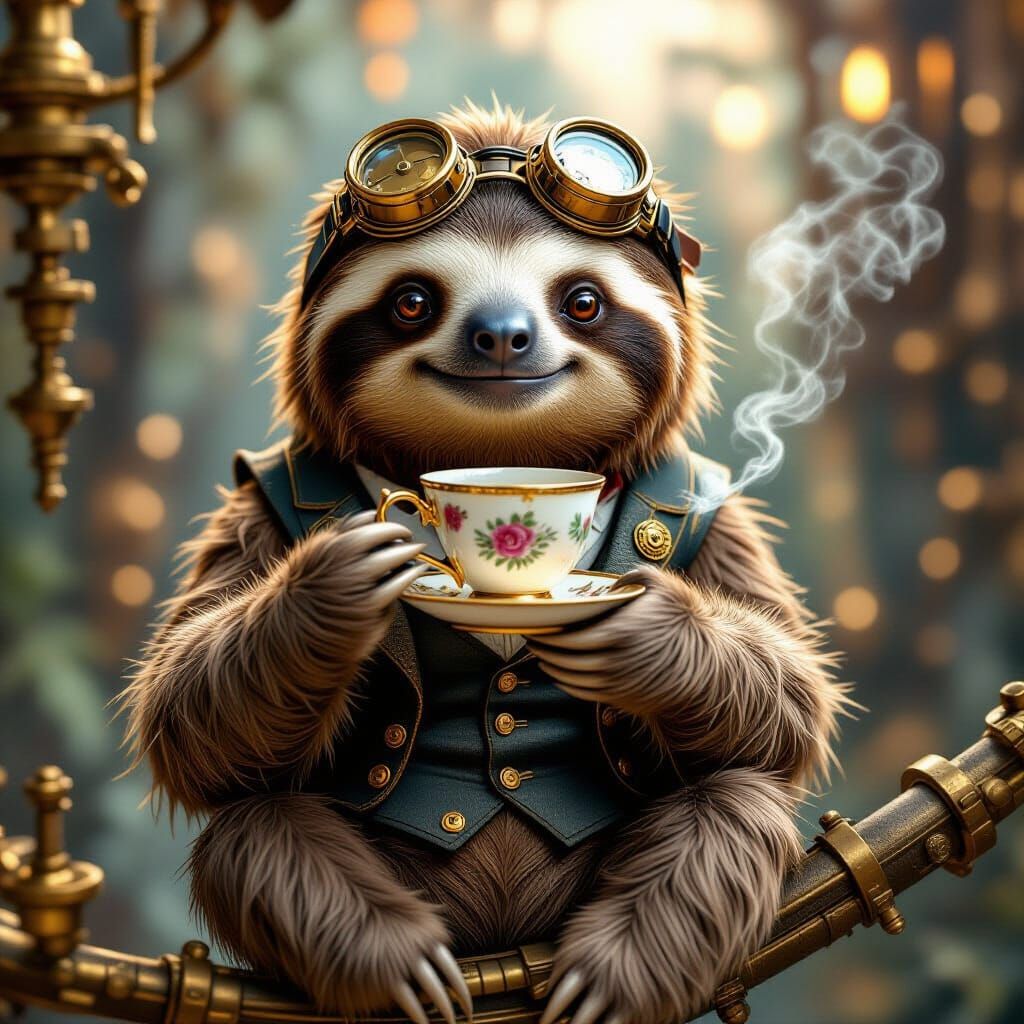 Steampunk Sloth Enjoys Tea Time on Clockwork Branch