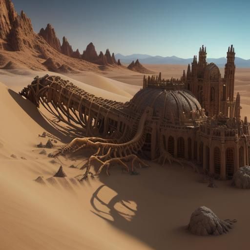 Animal Skeleton Buried in Desert Sand: Fantasy Concept Art