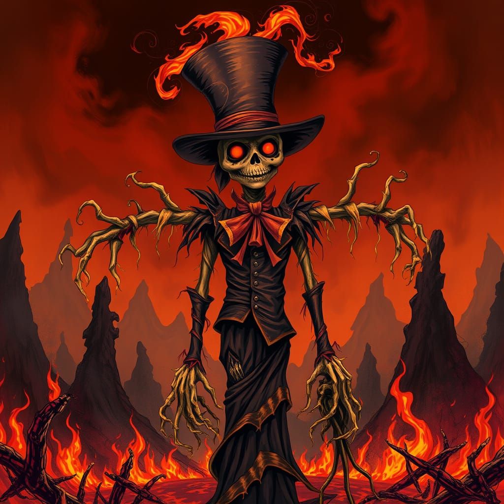 Scarecrow in Fiery Landscape with Dancing Shadows
