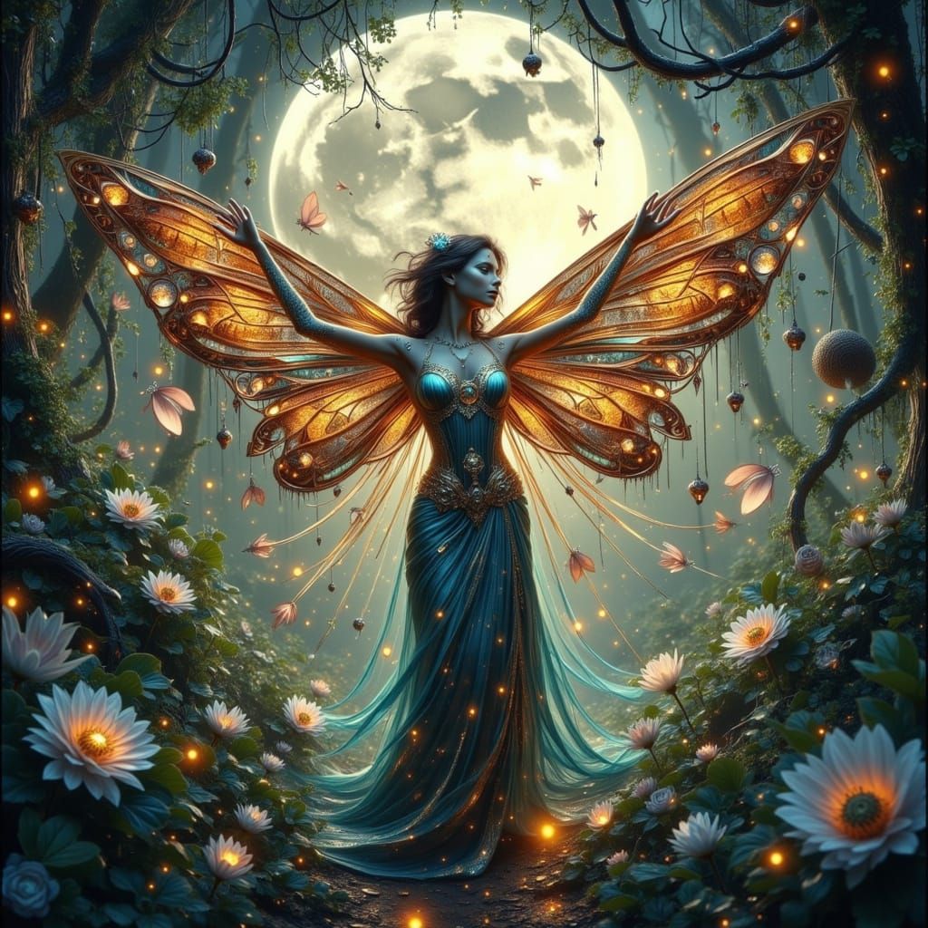 Clockwork Goddess in Moonlit Cyberpunk Garden