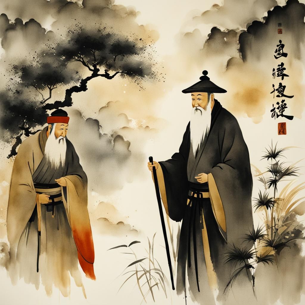 Wise Men in Muted Chinese Ink Painting