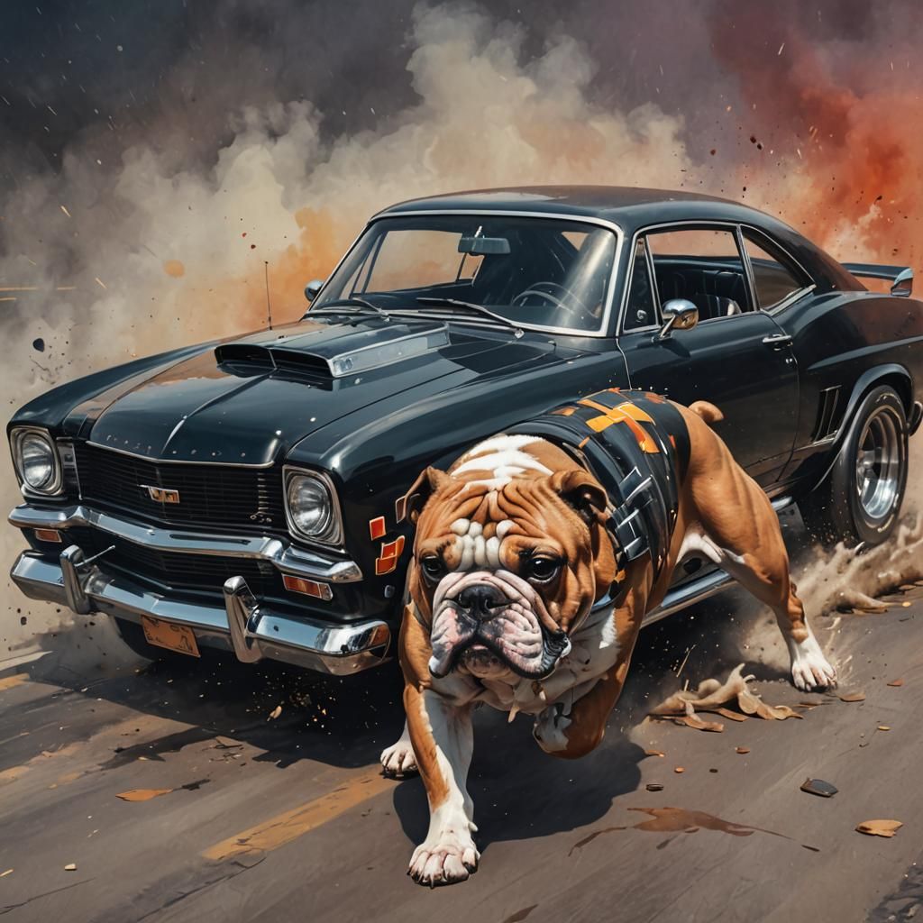 Hyperrealistic Muscle Car and Fairy with Racing Bulldog