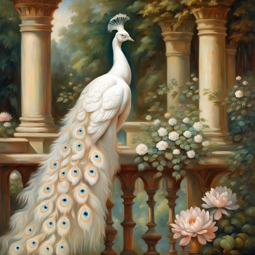 Albino Peacock in Renaissance Garden: Waterhouse Style