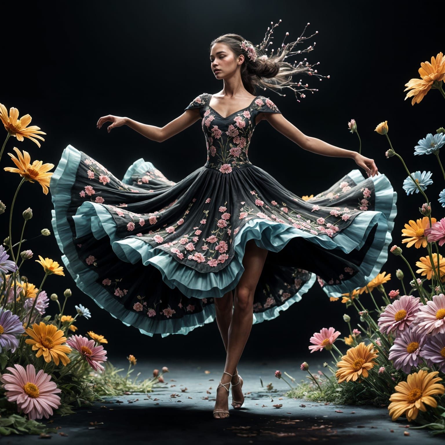 Girl Dancing in Flower Dress: Detailed Matte Painting