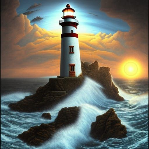 Lighthouse Under Explosive Waves: A Solarpunk Masterpiece