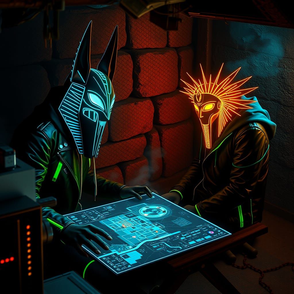 Cyberpunk Hacker in Cairo Bunker with Anubis and Ra Masks