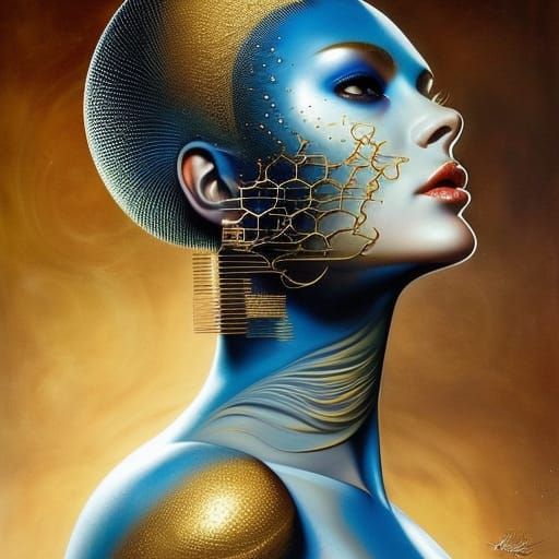 Surreal Blue Woman with Golden Spirals