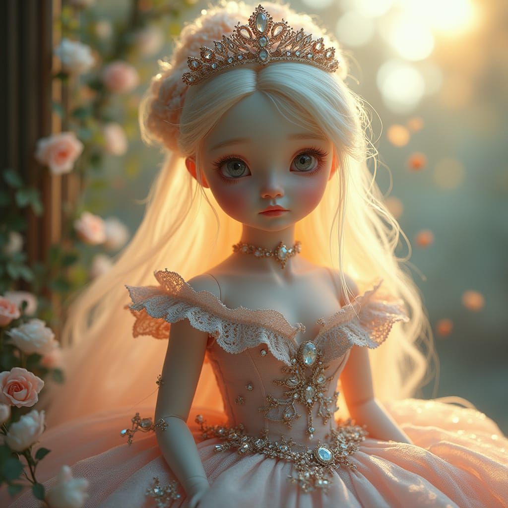 Ethereal Porcelain Doll in Lavish Ball Gown