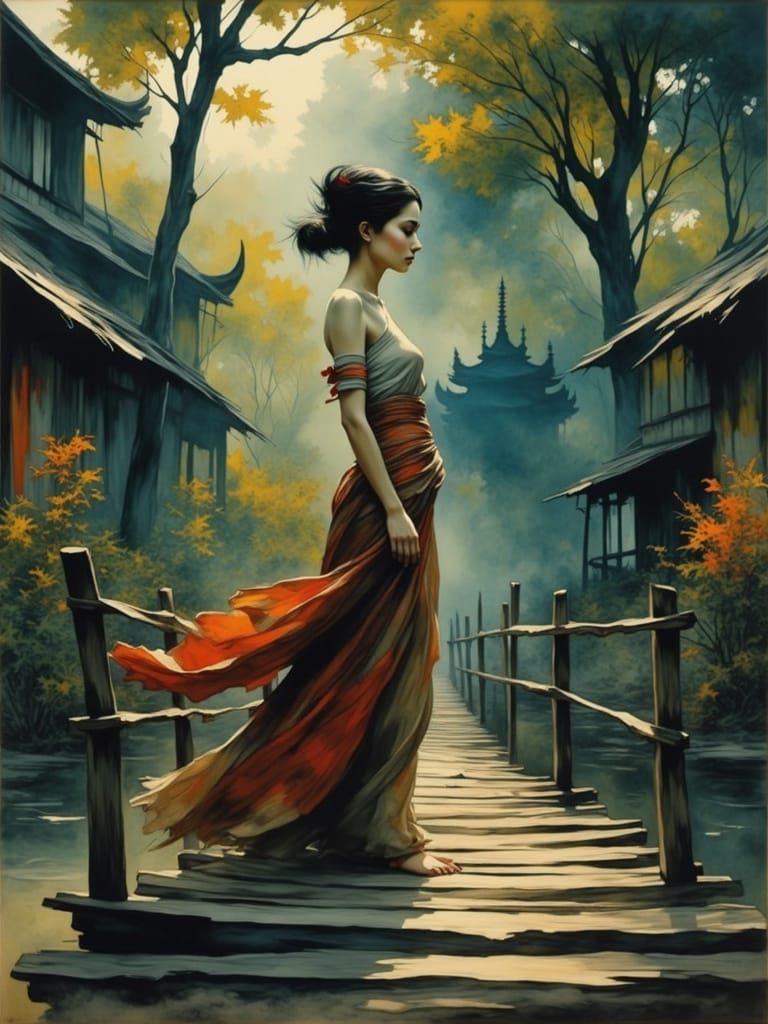 Malaysian Woman on Bridge in Ethereal Village Light