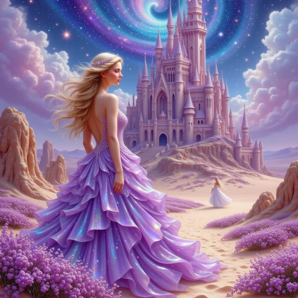 Woman in Iridescent Gown Gazes at Gothic Castle in Desert