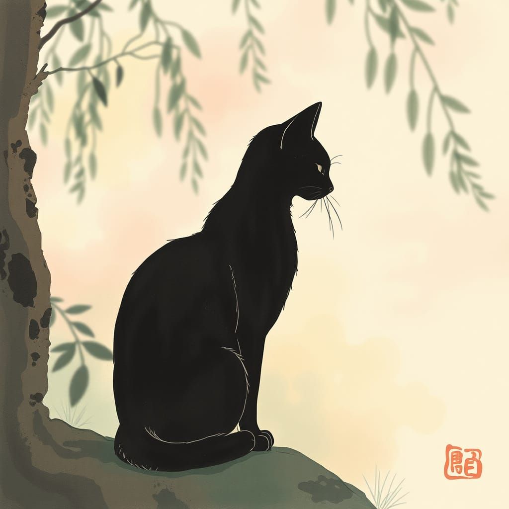 Cat Silhouette Against Muted Ink Painting Background