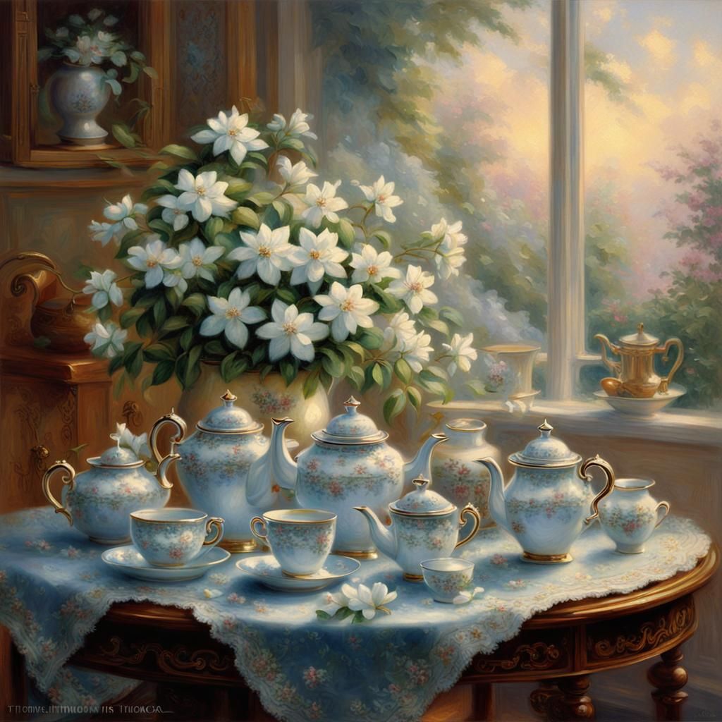 Ethereal Tea Set Portrait with Jasmine Flowers