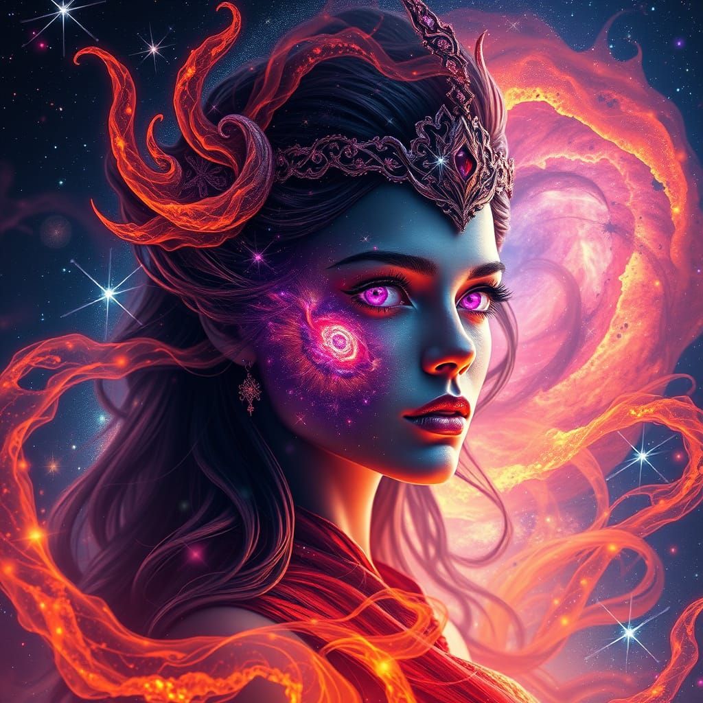 Ethereal Sorceress Amidst Cosmic Majesty