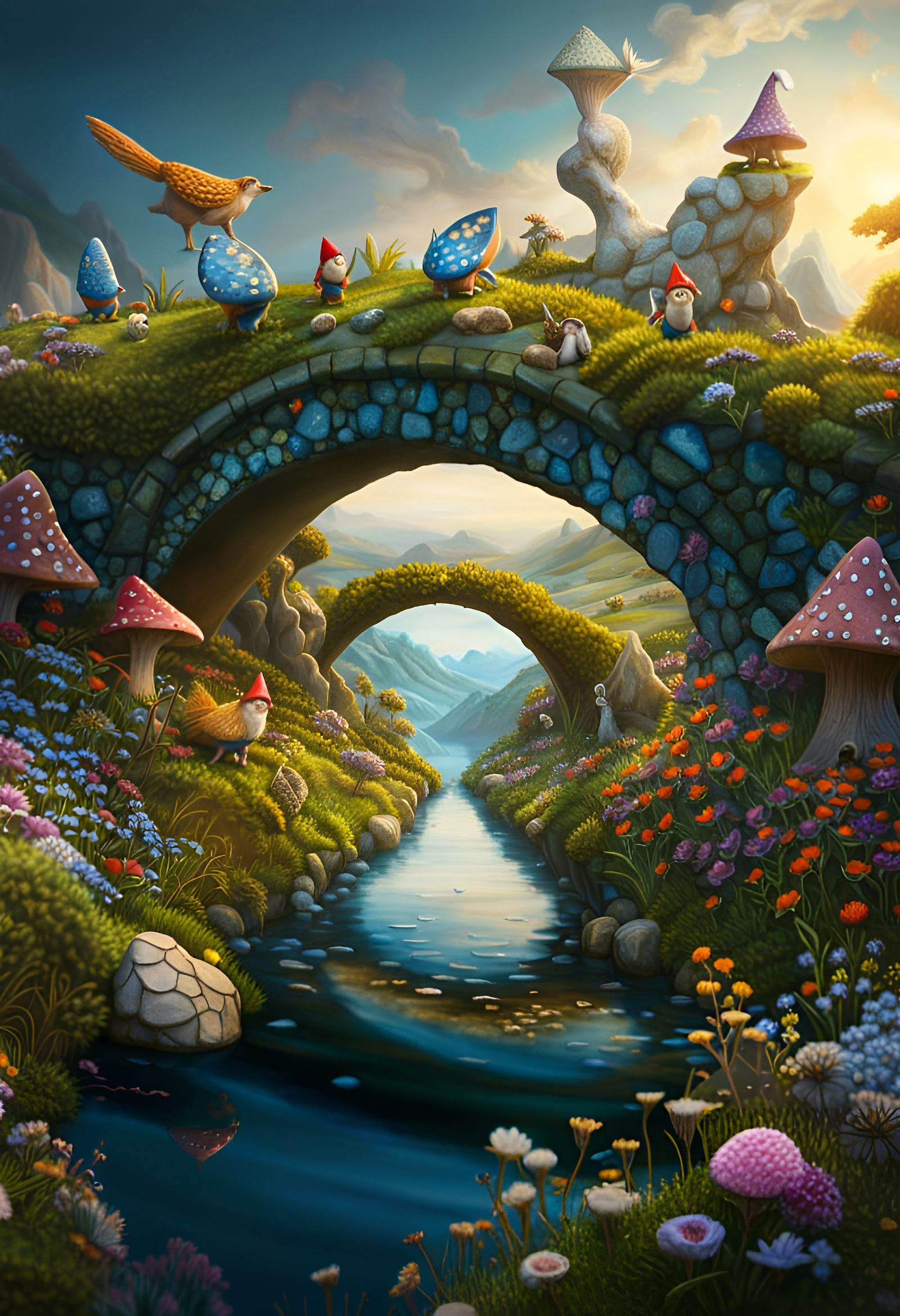 Fantasy Stone Bridge With Fairies and Gnomes