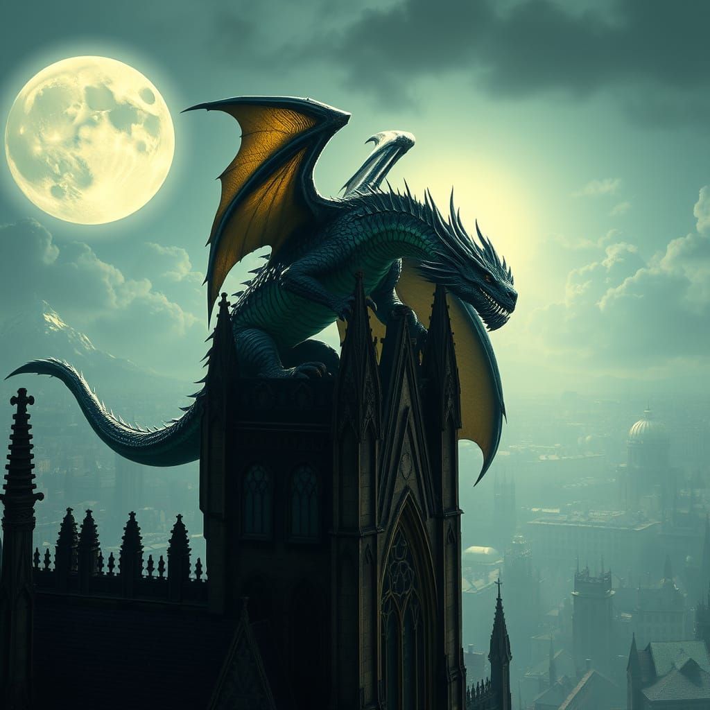 Dragon Perched Atop Gothic Cathedral in Dark Fantasy Style
