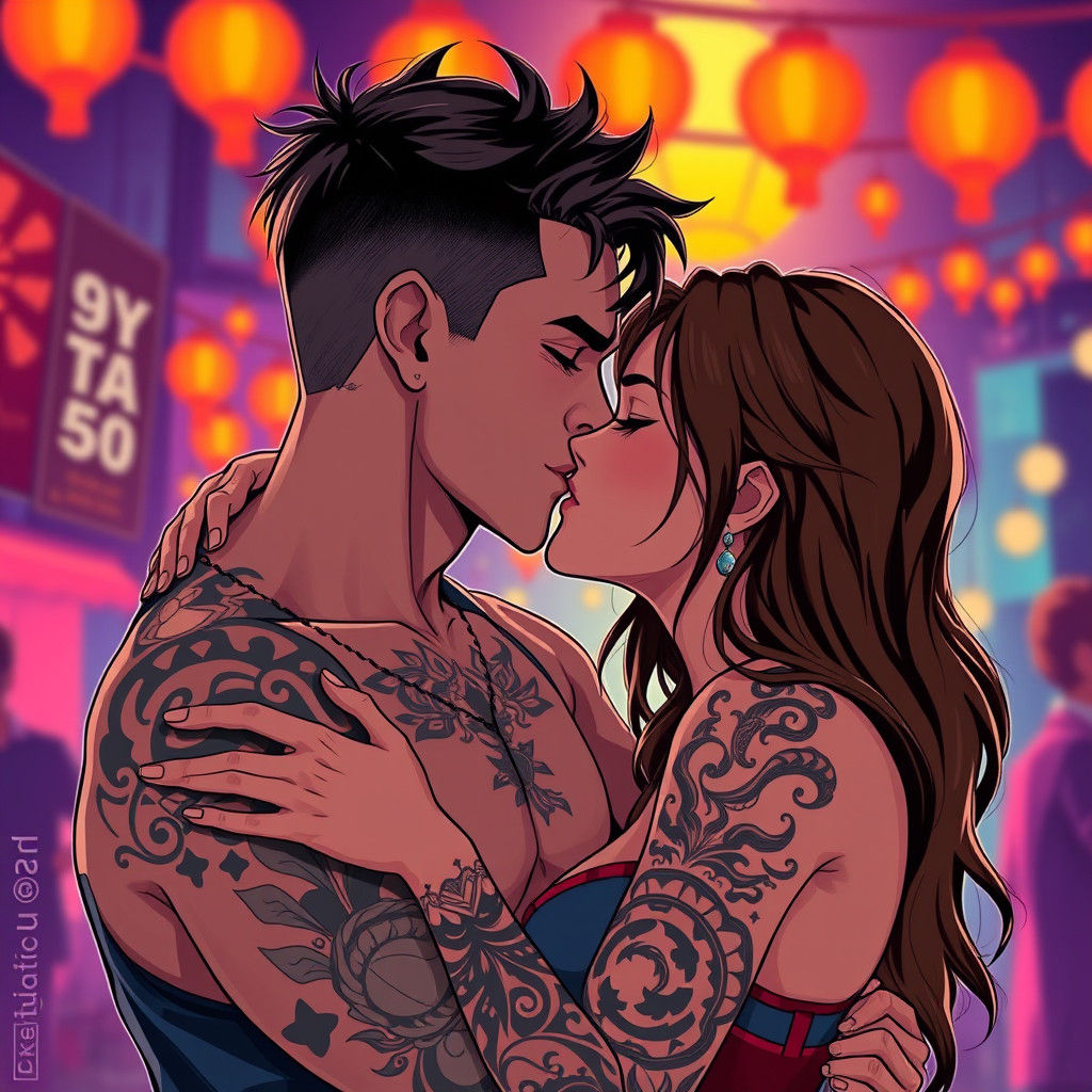 Couple's Intimate Kiss in Studio Trigger Manga Style