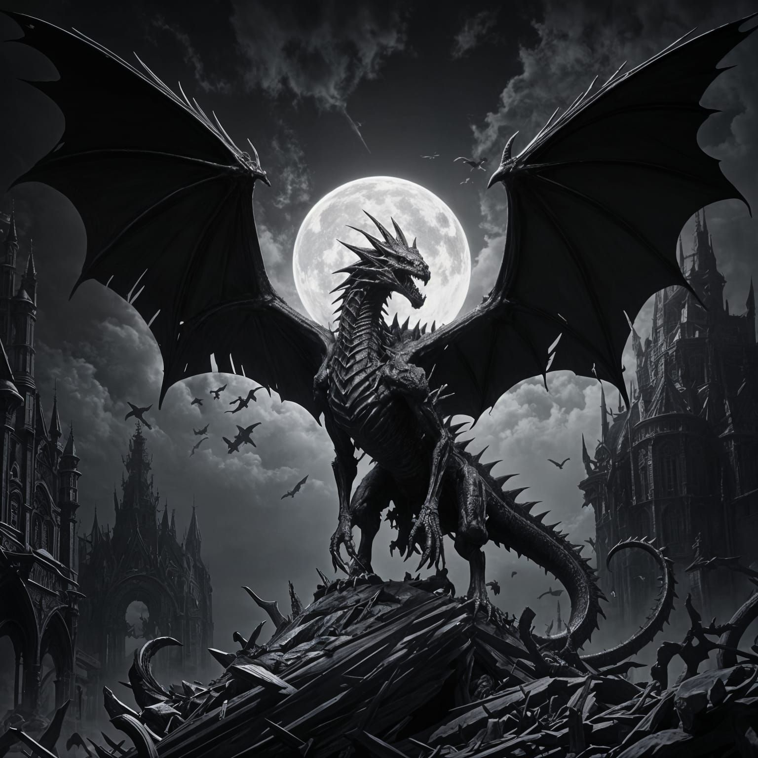 Epic Black and White Skeletal Dragon in Darkness