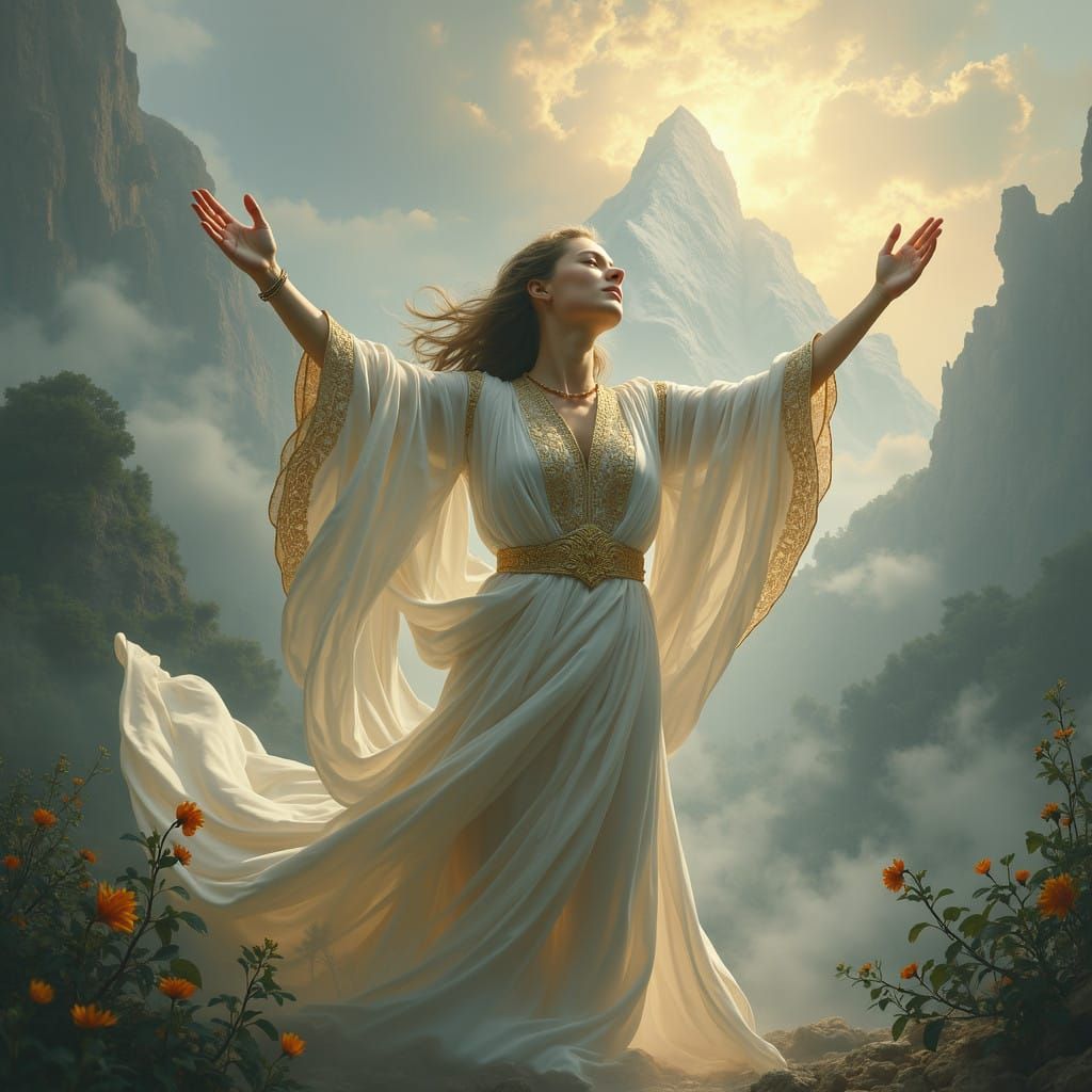 Majestic Priestess in Ethereal Clouds, Inspired by Romantici...