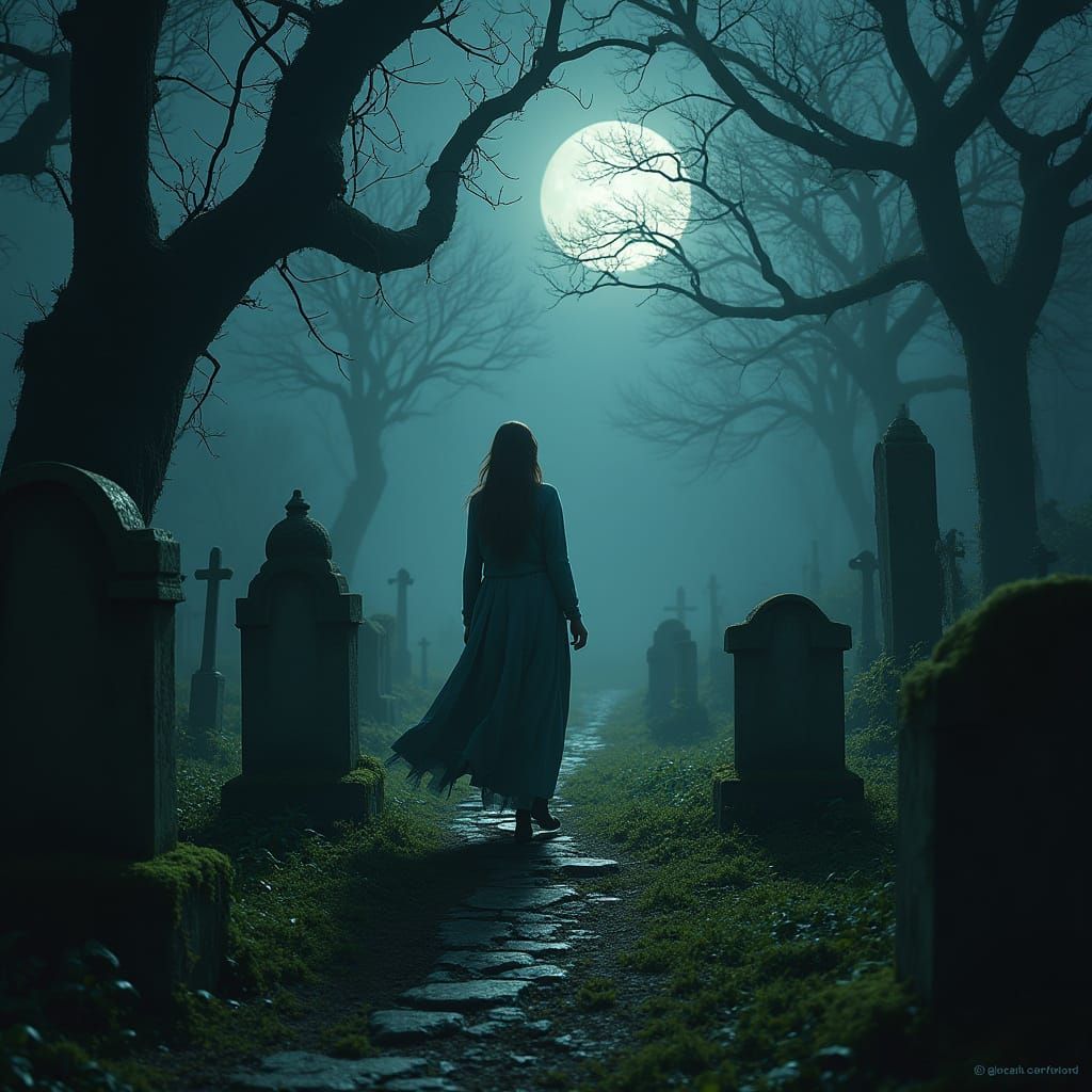 Abandoned Cemetery at Night with Woman in Digital Art Style