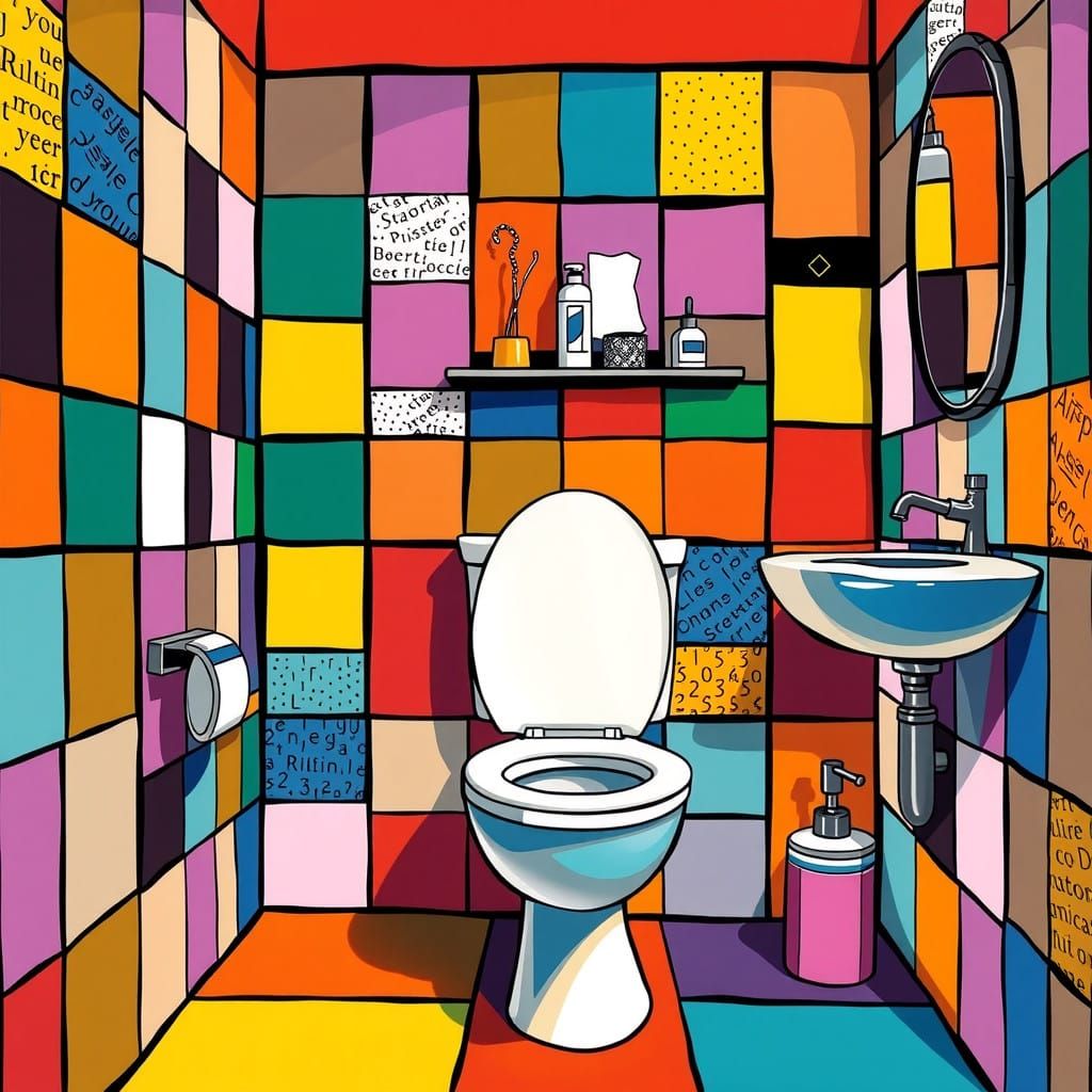 Vibrant Cubist Toiletscape in a Lively Bathroom